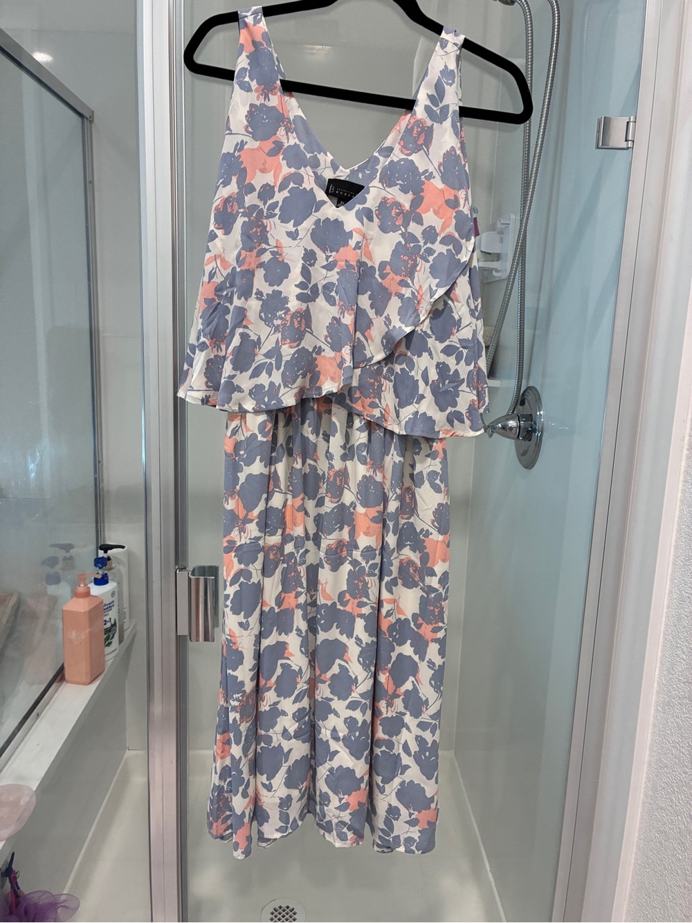 bobeau White Floral Ruffle Maxi Dress with Blue and Peach Prints
